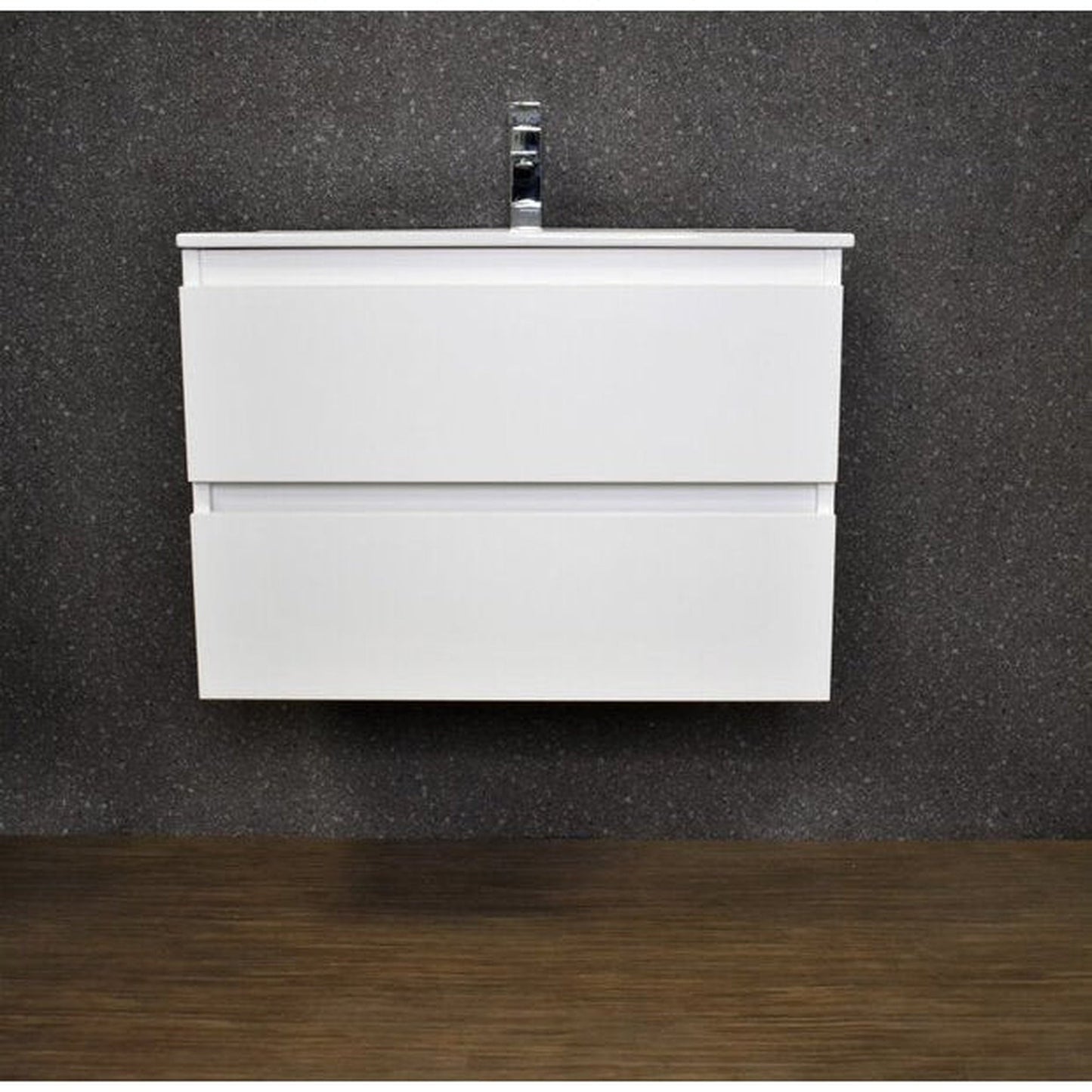 Volpa USA Salt 24" x 18" Gloss White Wall-Mounted Floating Bathroom Vanity With Drawers, Integrated Porcelain Ceramic Top and Ceramic Sink