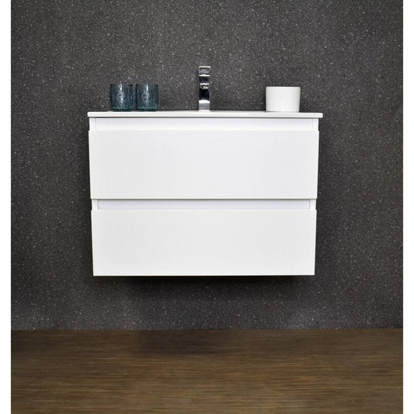 Volpa USA Salt 24" x 18" Gloss White Wall-Mounted Floating Bathroom Vanity With Drawers, Integrated Porcelain Ceramic Top and Ceramic Sink