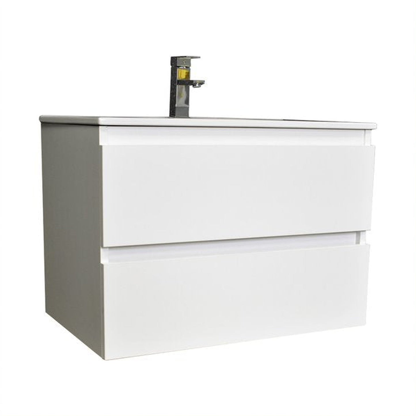 Volpa USA Salt 24" x 18" Gloss White Wall-Mounted Floating Bathroom Vanity With Drawers, Integrated Porcelain Ceramic Top and Ceramic Sink