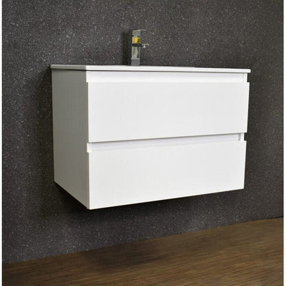 Volpa USA Salt 24" x 18" Gloss White Wall-Mounted Floating Bathroom Vanity With Drawers, Integrated Porcelain Ceramic Top and Ceramic Sink