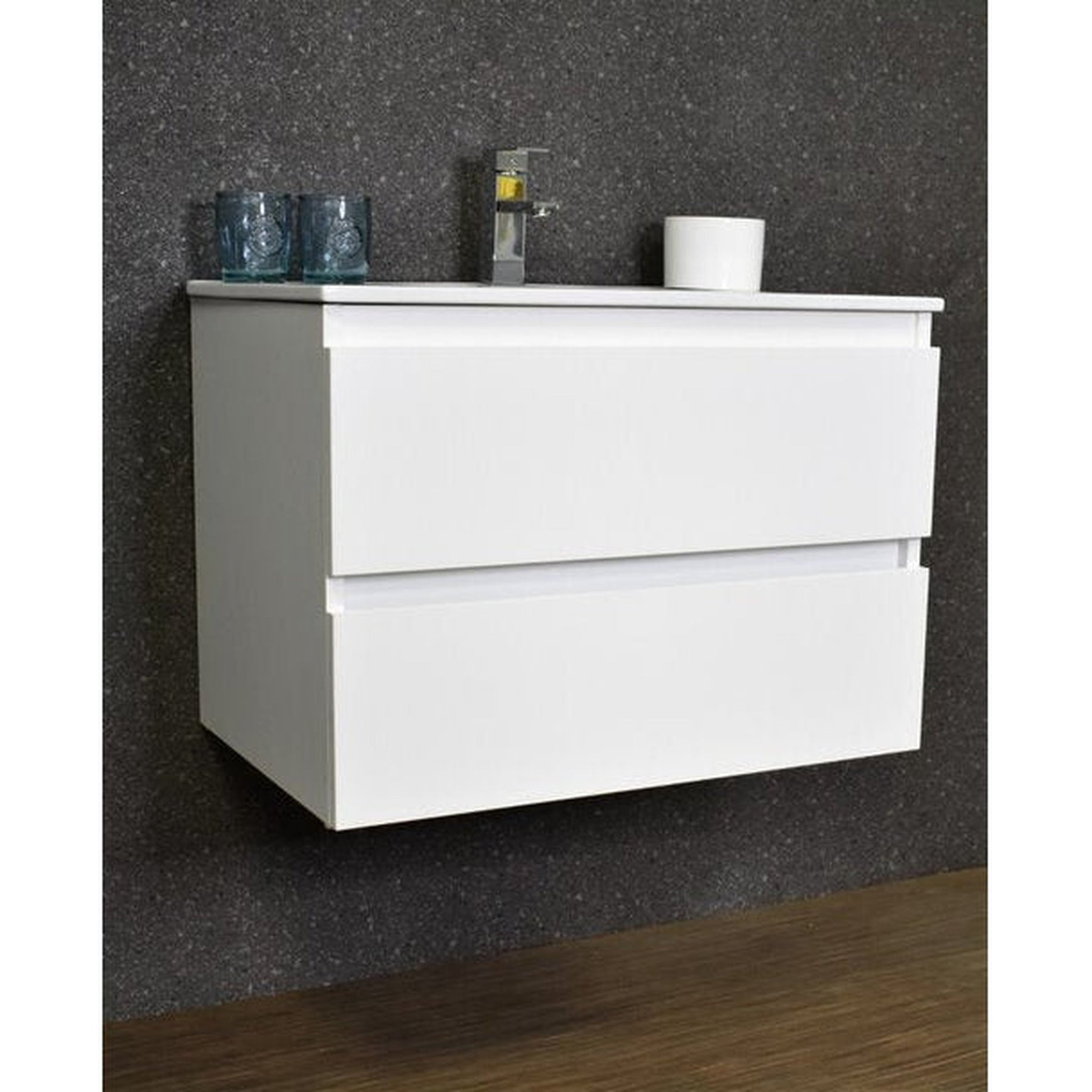 Volpa USA Salt 24" x 18" Gloss White Wall-Mounted Floating Bathroom Vanity With Drawers, Integrated Porcelain Ceramic Top and Ceramic Sink