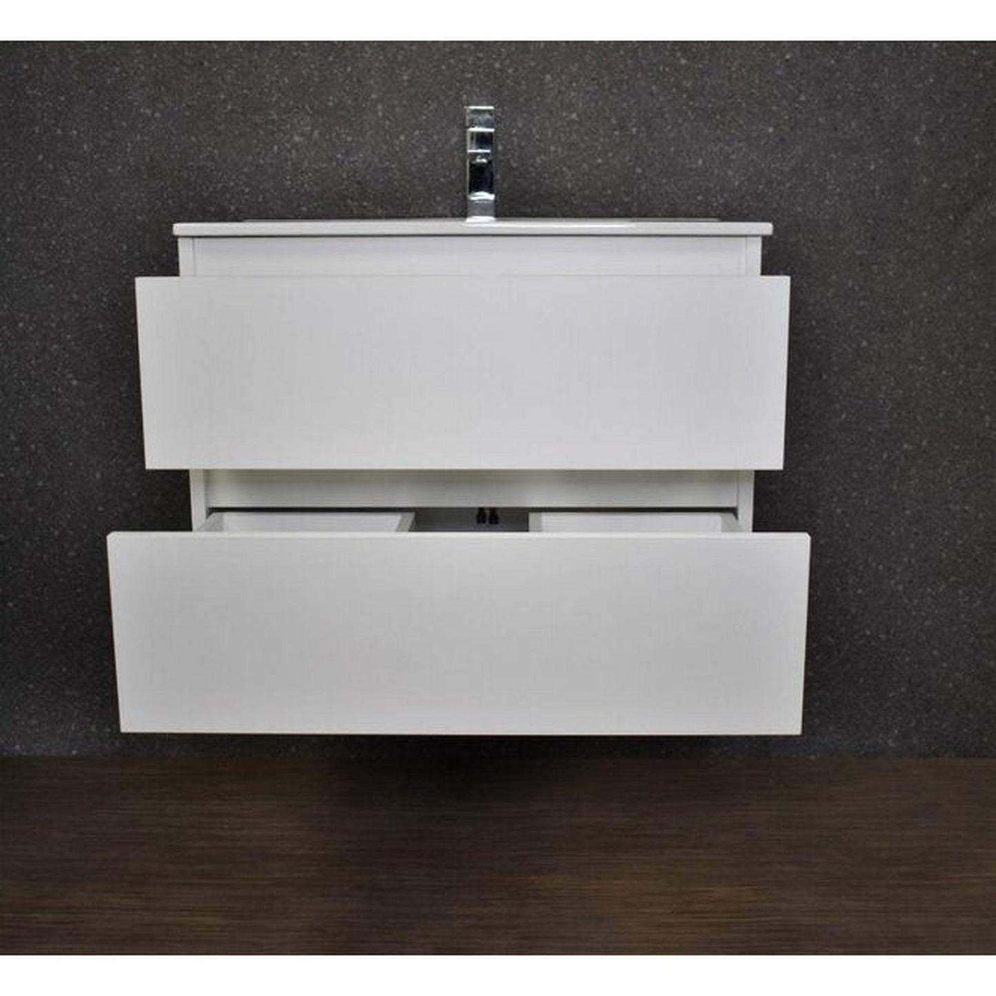 Volpa USA Salt 24" x 18" Gloss White Wall-Mounted Floating Bathroom Vanity With Drawers, Integrated Porcelain Ceramic Top and Ceramic Sink