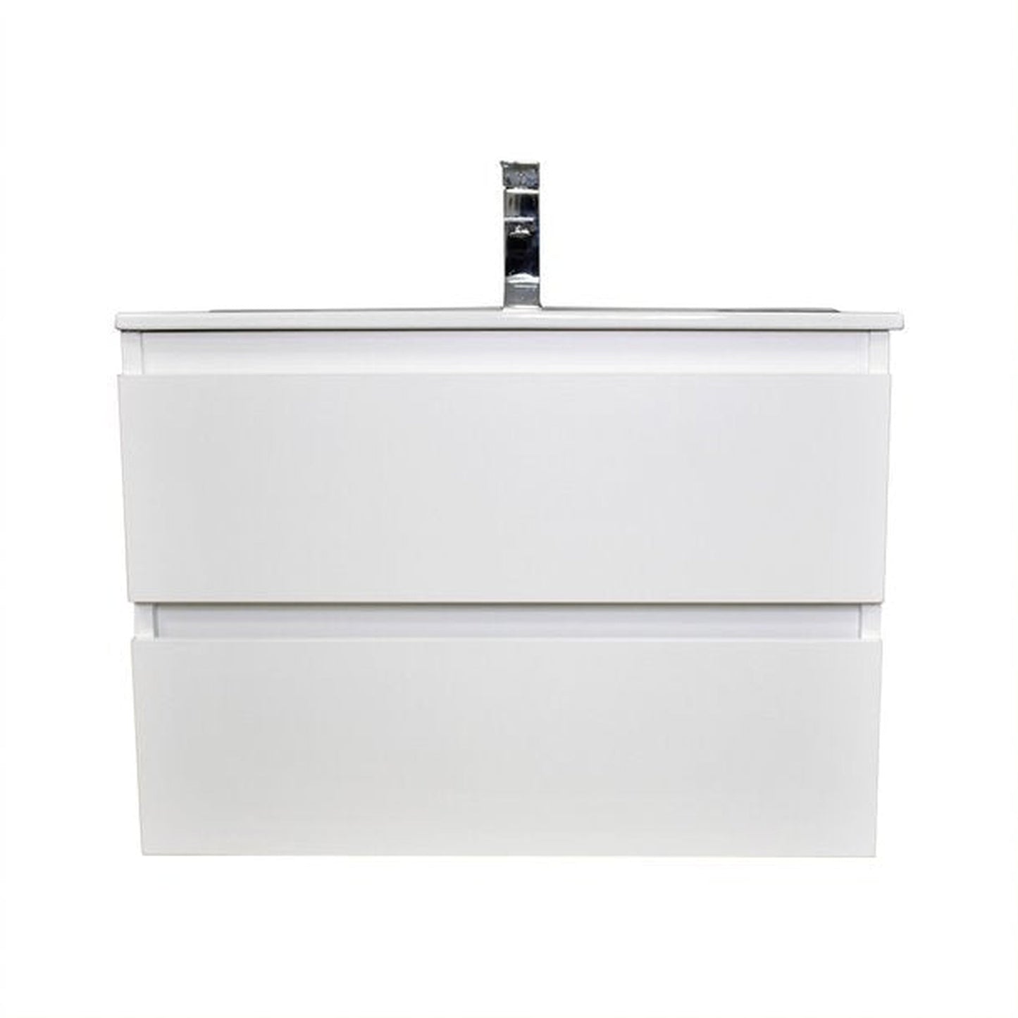Volpa USA Salt 24" x 18" Gloss White Wall-Mounted Floating Bathroom Vanity With Drawers, Integrated Porcelain Ceramic Top and Ceramic Sink