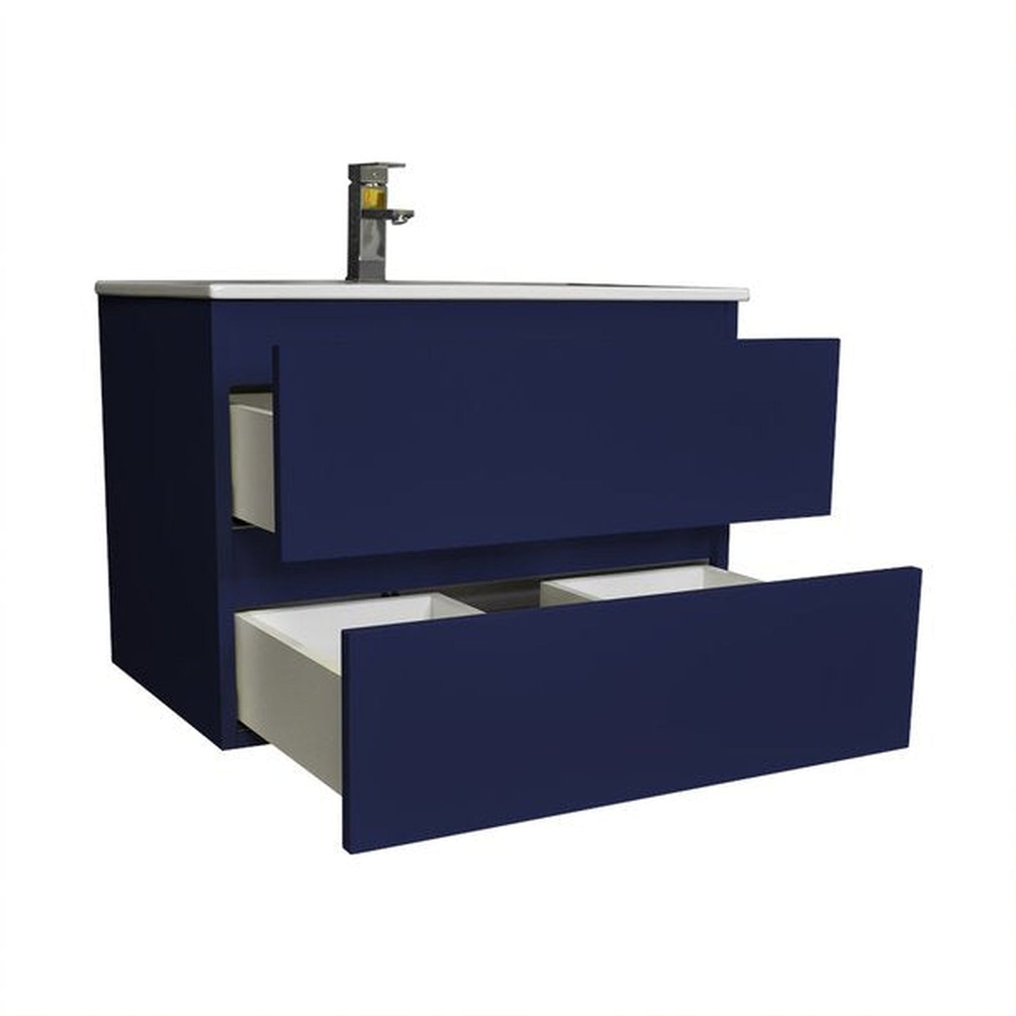 Volpa USA Salt 24" x 18" Navy Wall-Mounted Floating Bathroom Vanity With Drawers, Integrated Porcelain Ceramic Top and Integrated Ceramic Sink