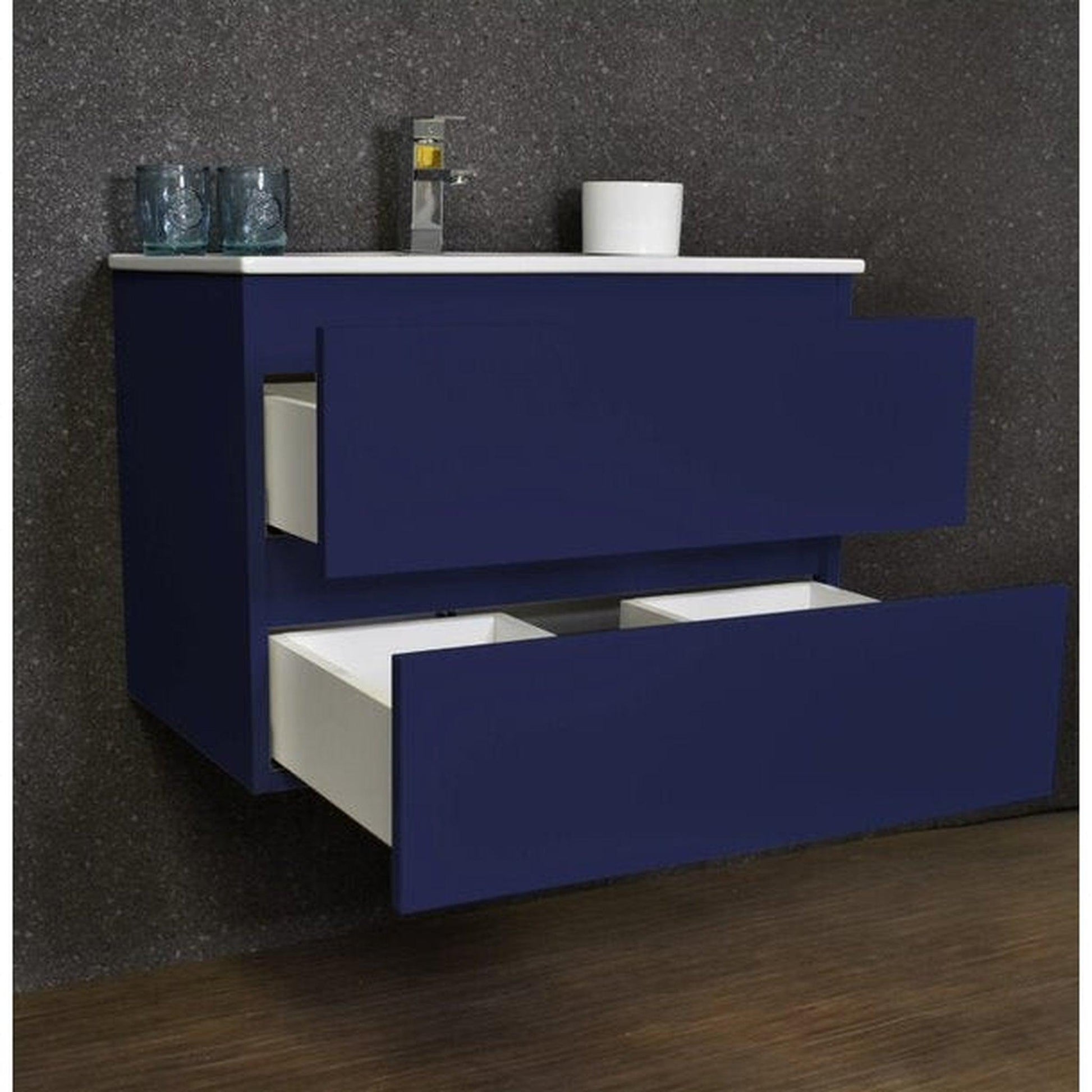 Volpa USA Salt 24" x 18" Navy Wall-Mounted Floating Bathroom Vanity With Drawers, Integrated Porcelain Ceramic Top and Integrated Ceramic Sink