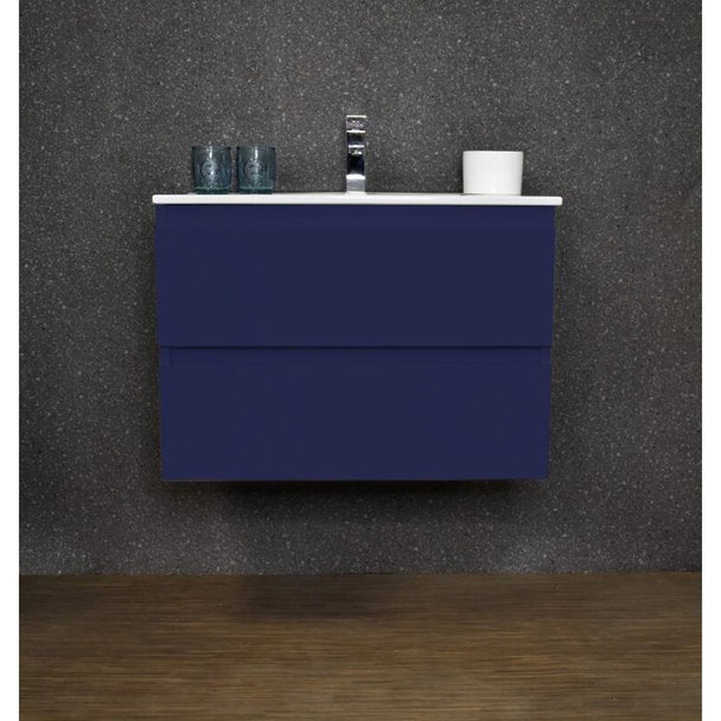 Volpa USA Salt 24" x 18" Navy Wall-Mounted Floating Bathroom Vanity With Drawers, Integrated Porcelain Ceramic Top and Integrated Ceramic Sink