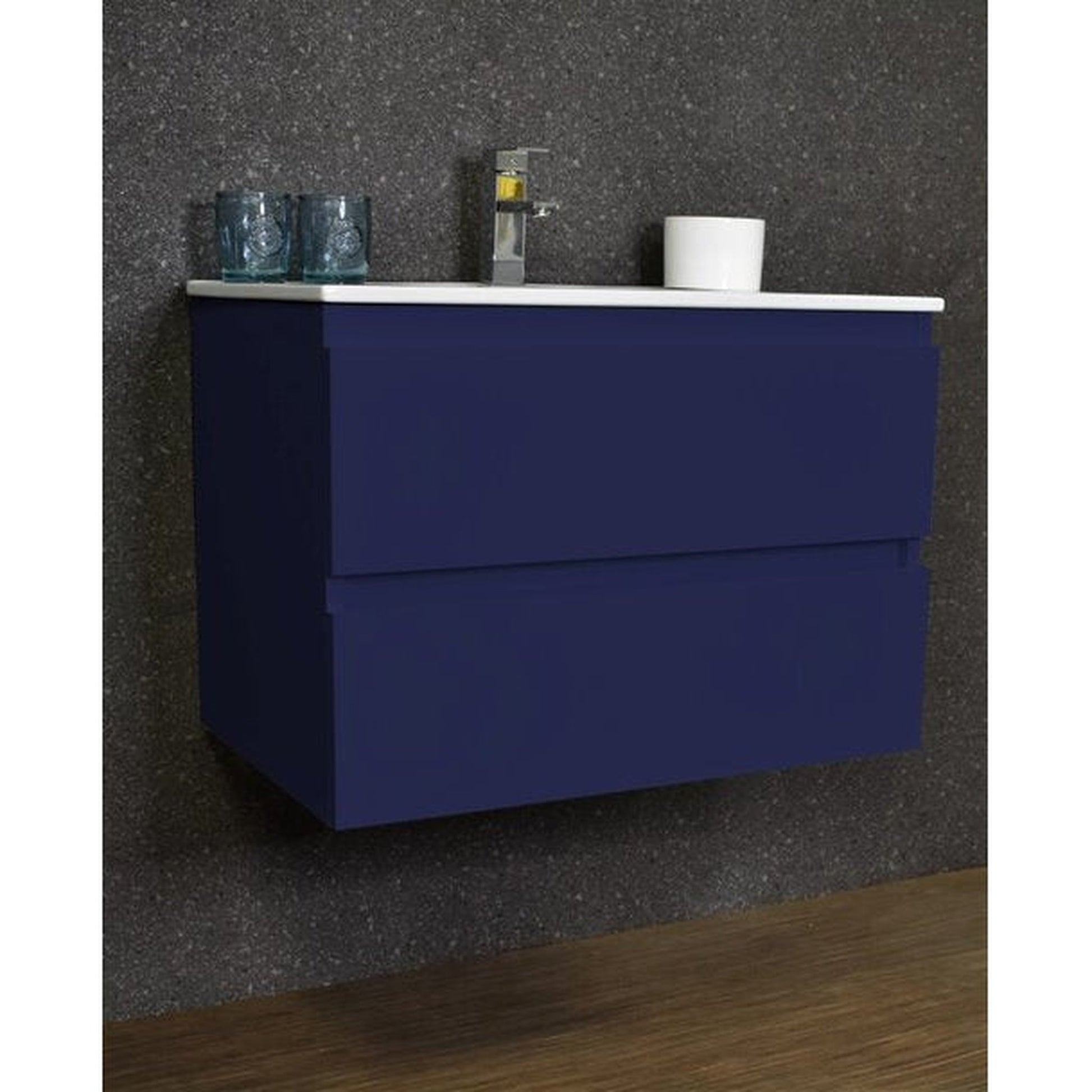 Volpa USA Salt 24" x 18" Navy Wall-Mounted Floating Bathroom Vanity With Drawers, Integrated Porcelain Ceramic Top and Integrated Ceramic Sink