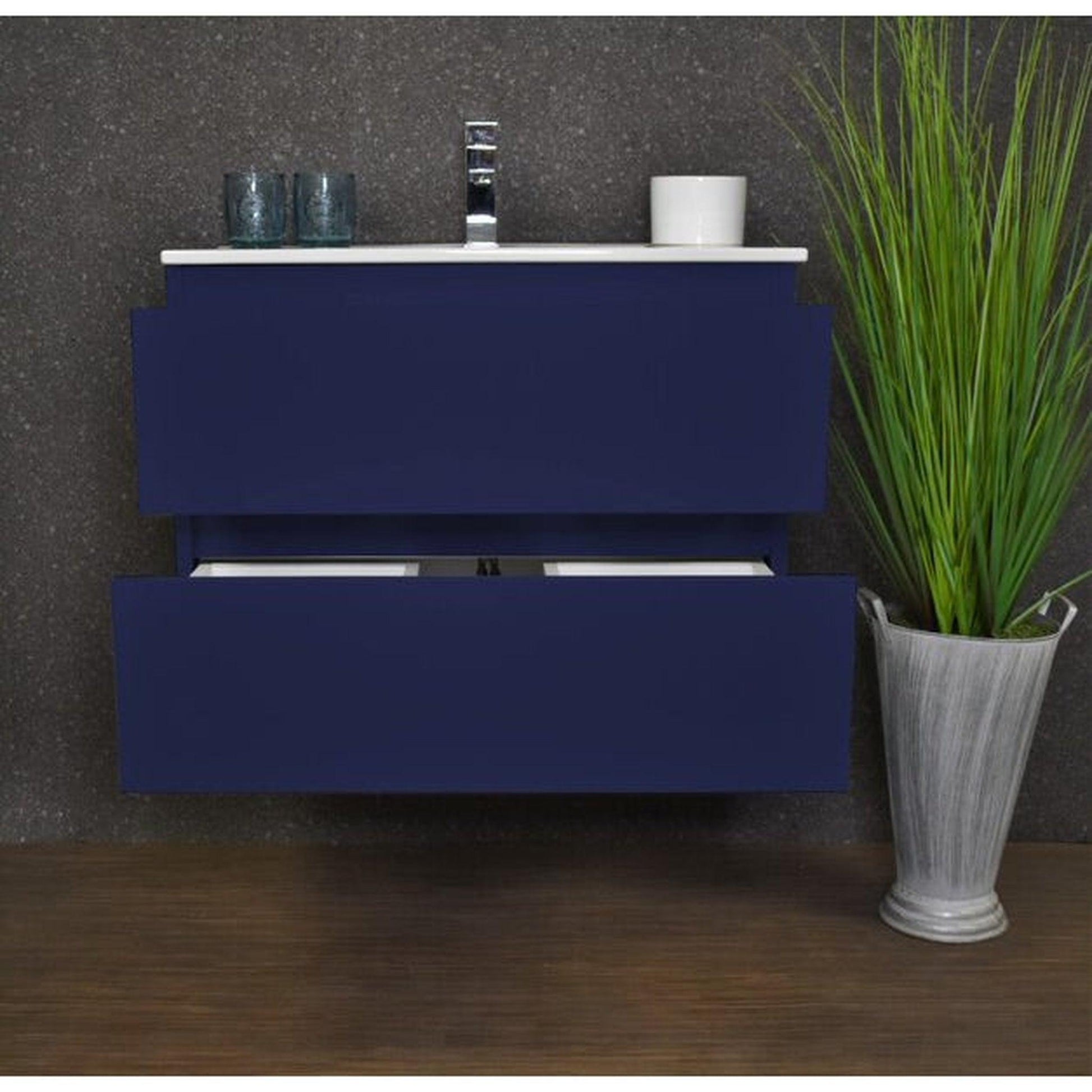 Volpa USA Salt 24" x 18" Navy Wall-Mounted Floating Bathroom Vanity With Drawers, Integrated Porcelain Ceramic Top and Integrated Ceramic Sink