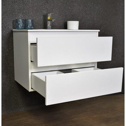 Volpa USA Salt 24" x 18" White Wall-Mounted Floating Bathroom Vanity With Drawers, Integrated Porcelain Ceramic Top and Ceramic Sink