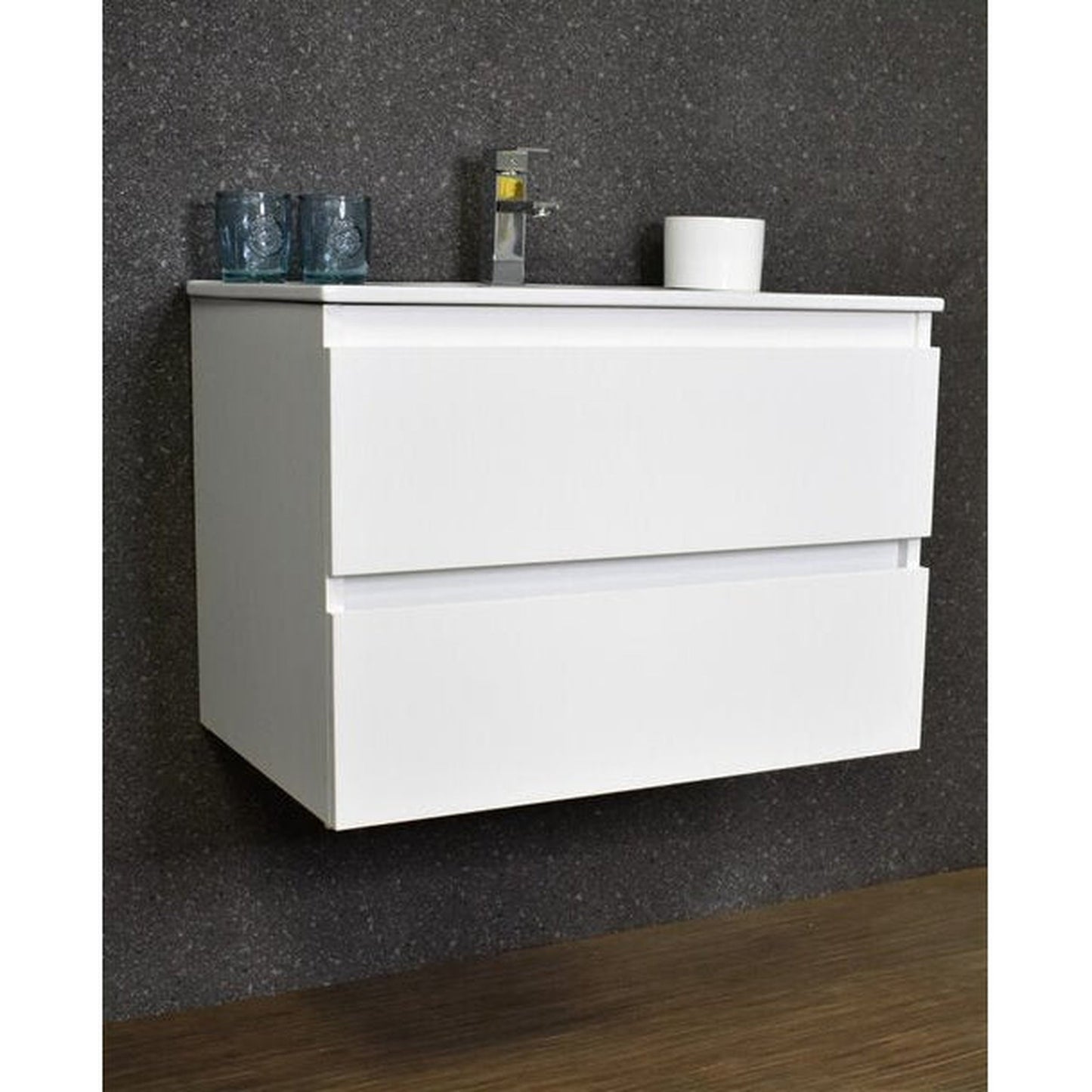 Volpa USA Salt 24" x 18" White Wall-Mounted Floating Bathroom Vanity With Drawers, Integrated Porcelain Ceramic Top and Ceramic Sink