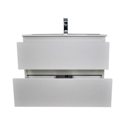 Volpa USA Salt 24" x 18" White Wall-Mounted Floating Bathroom Vanity With Drawers, Integrated Porcelain Ceramic Top and Ceramic Sink