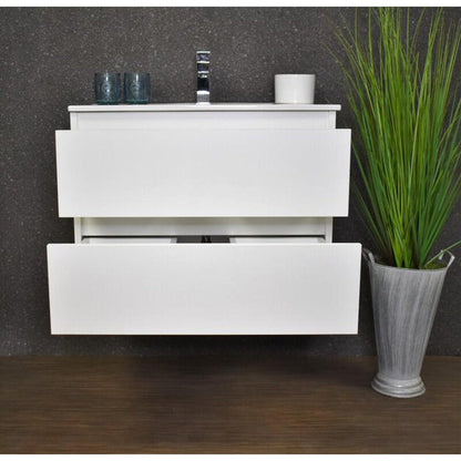 Volpa USA Salt 24" x 18" White Wall-Mounted Floating Bathroom Vanity With Drawers, Integrated Porcelain Ceramic Top and Ceramic Sink