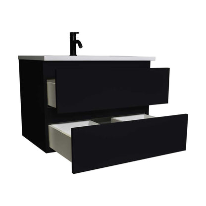 Volpa USA Salt 24" x 20" Black Wall-Mounted Floating Bathroom Vanity With Drawers, Acrylic Top and Integrated Acrylic Sink