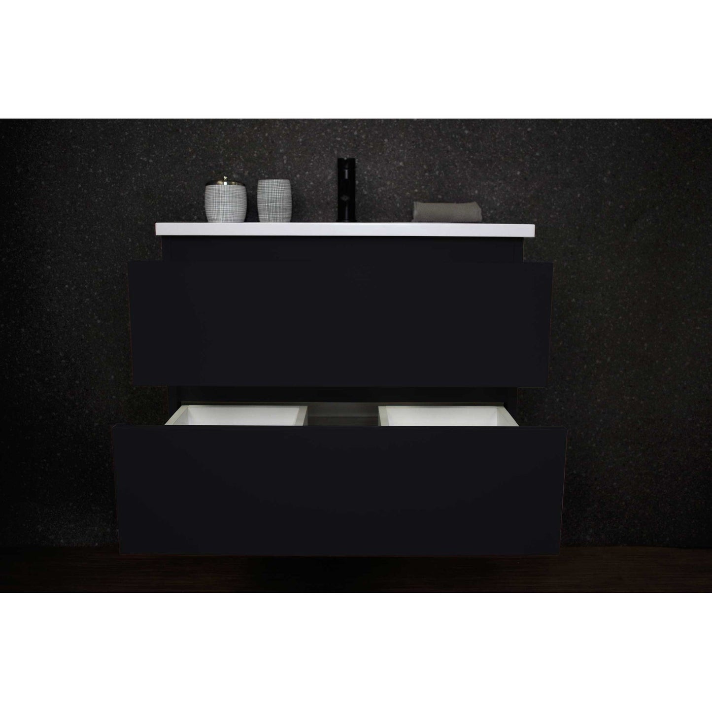 Volpa USA Salt 24" x 20" Black Wall-Mounted Floating Bathroom Vanity With Drawers, Acrylic Top and Integrated Acrylic Sink