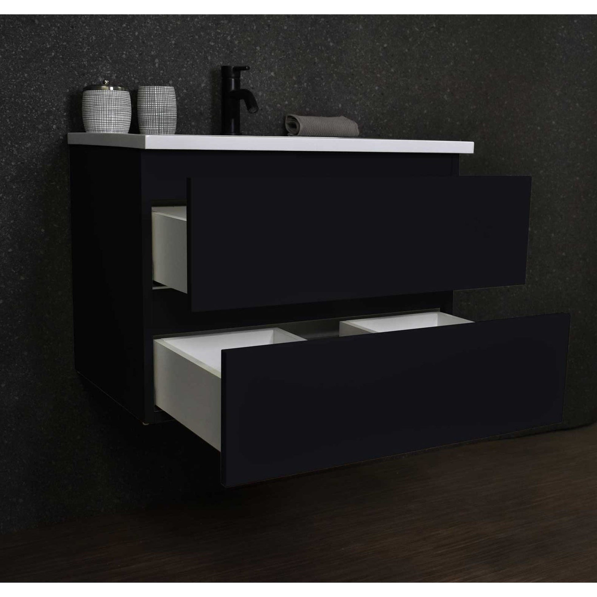 Volpa USA Salt 24" x 20" Glossy Black Wall-Mounted Floating Bathroom Vanity With Drawers, Acrylic Top and Integrated Acrylic Sink