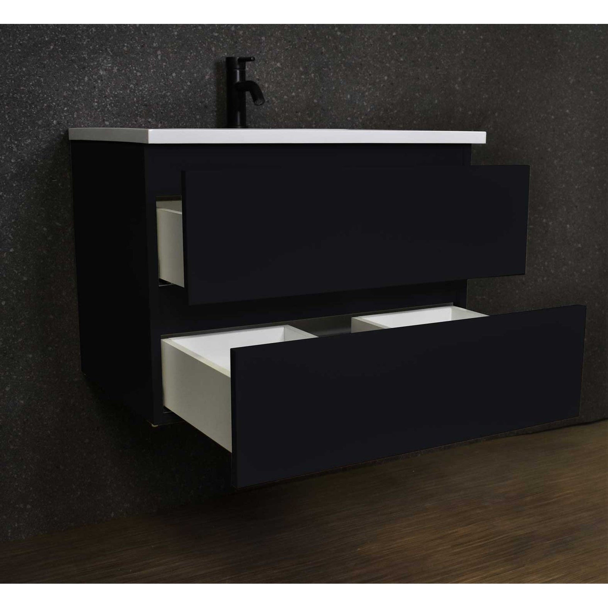 Volpa USA Salt 24" x 20" Glossy Black Wall-Mounted Floating Bathroom Vanity With Drawers, Acrylic Top and Integrated Acrylic Sink