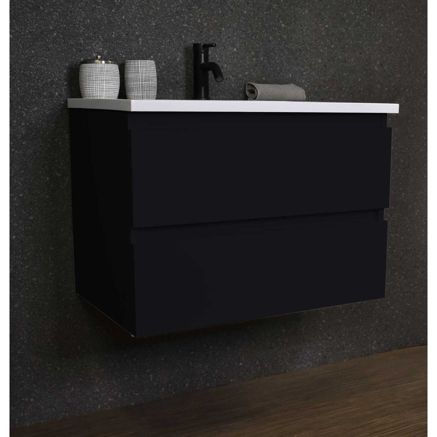 Volpa USA Salt 24" x 20" Glossy Black Wall-Mounted Floating Bathroom Vanity With Drawers, Acrylic Top and Integrated Acrylic Sink