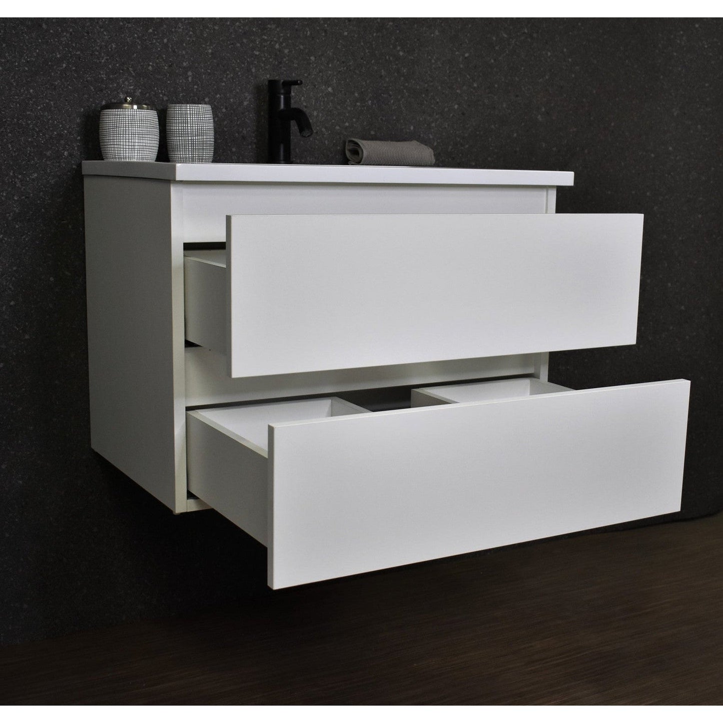 Volpa USA Salt 24" x 20" Glossy White Wall-Mounted Floating Bathroom Vanity With Drawers, Acrylic Top and Integrated Acrylic Sink