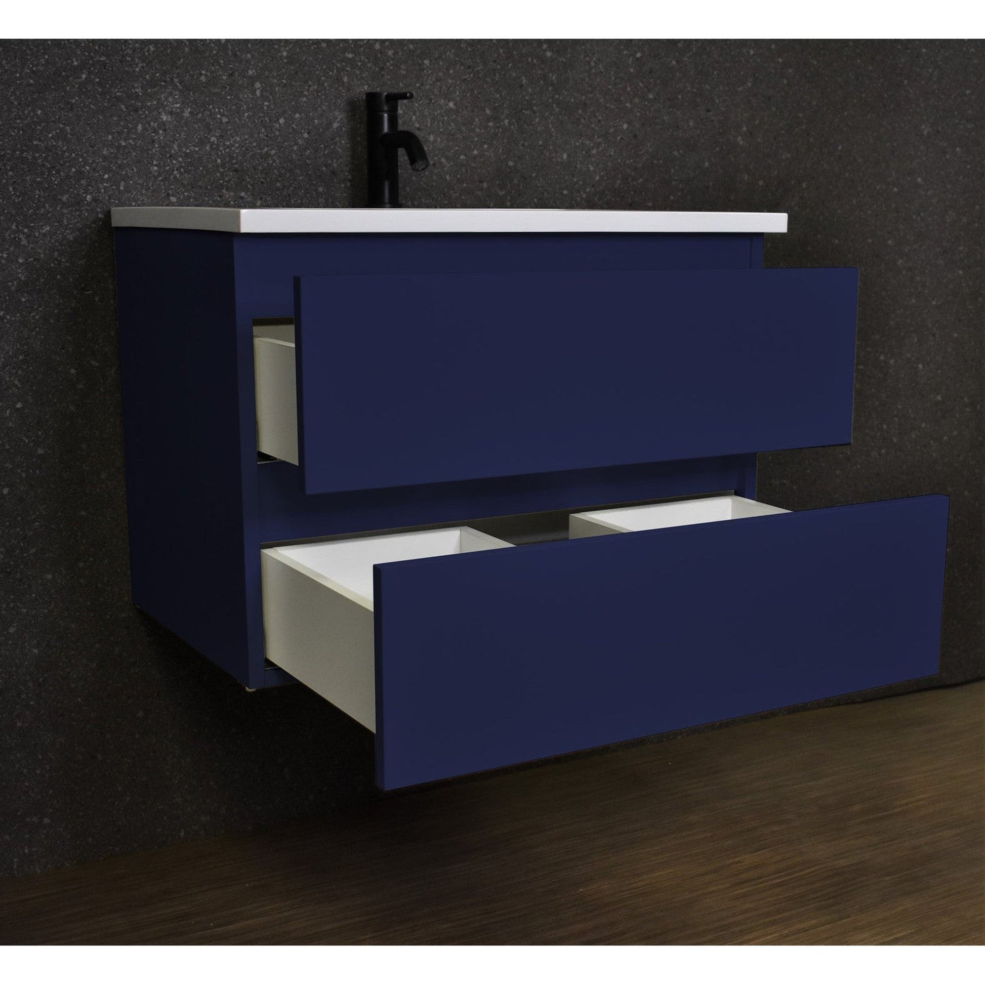 Volpa USA Salt 24" x 20" Navy Wall-Mounted Floating Bathroom Vanity With Drawers, Acrylic Top and Integrated Acrylic Sink