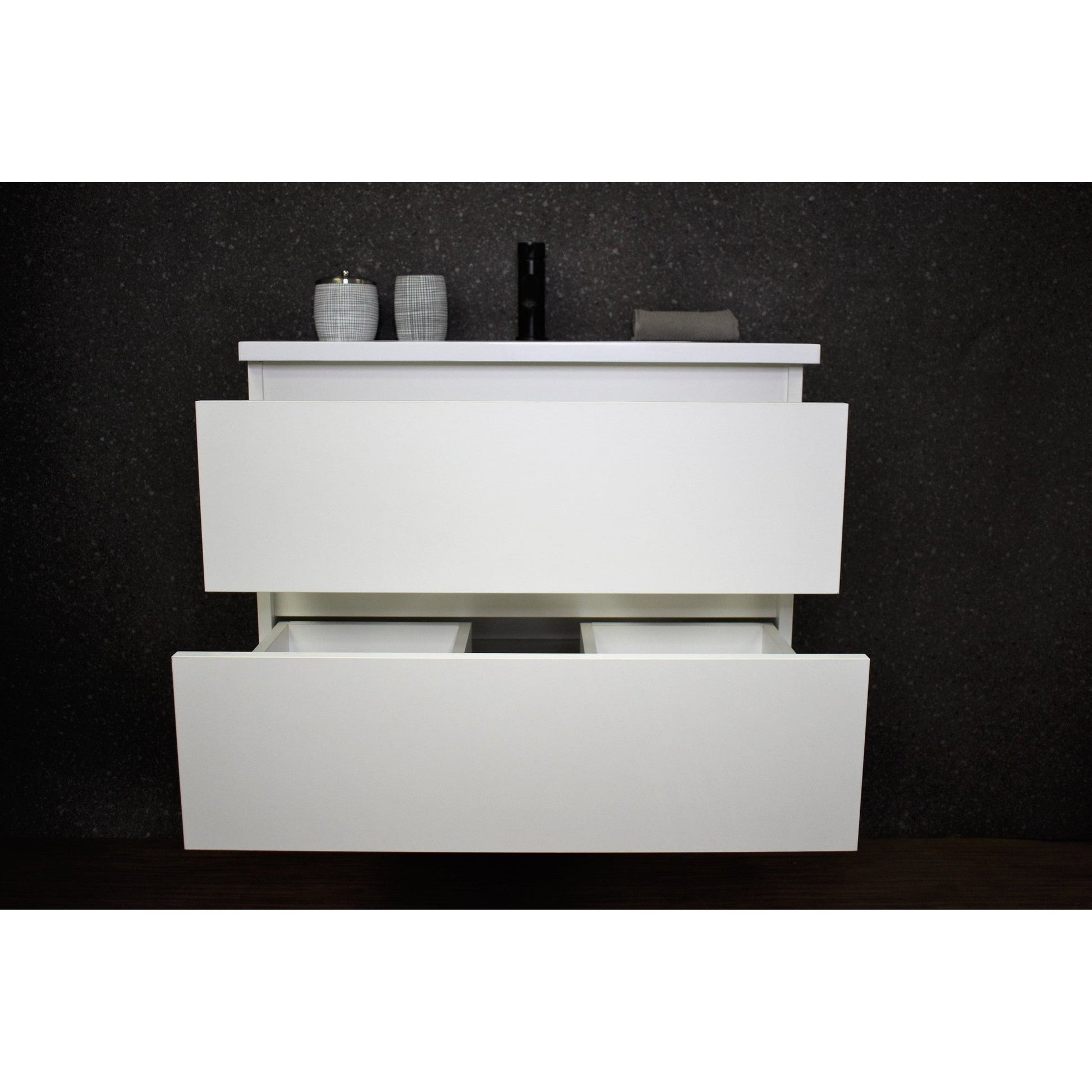 Volpa USA Salt 24" x 20" White Wall-Mounted Floating Bathroom Vanity With Drawers, Acrylic Top and Integrated Acrylic Sink