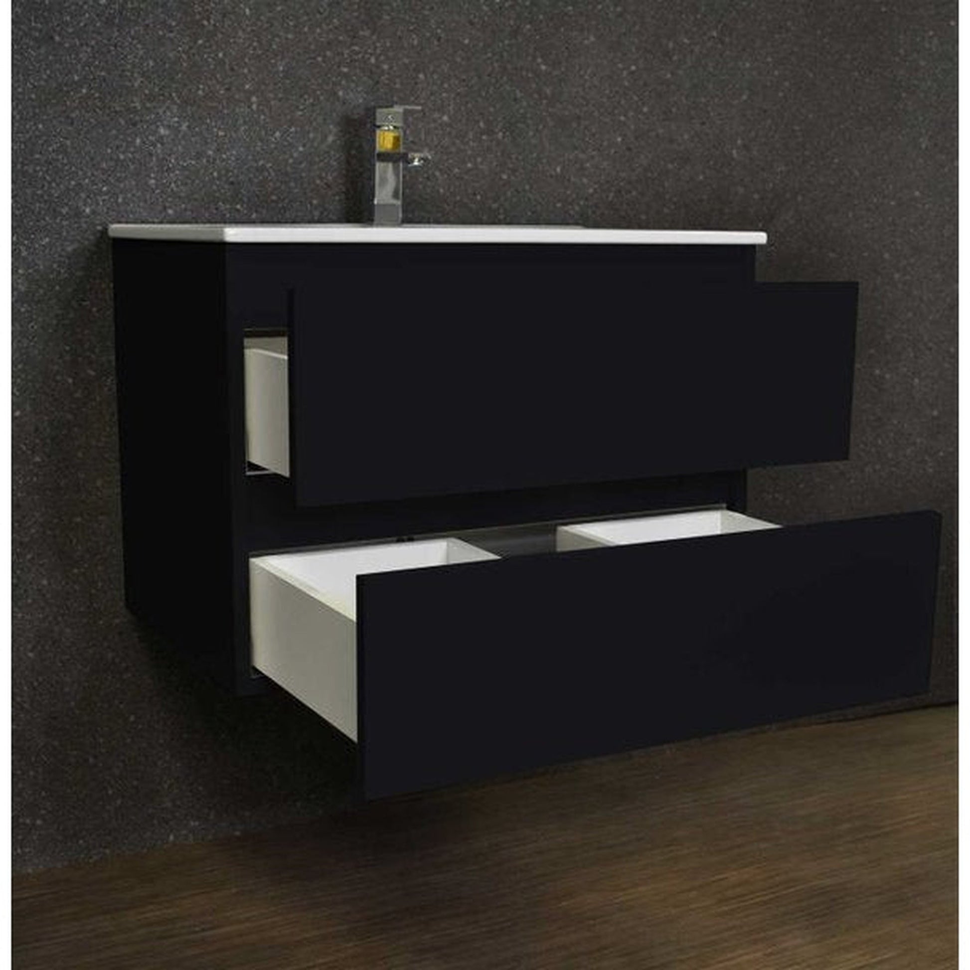 Volpa USA Salt 30" x 18" Black Wall-Mounted Floating Bathroom Vanity With Drawers, Integrated Porcelain Ceramic Top and Integrated Ceramic Sink