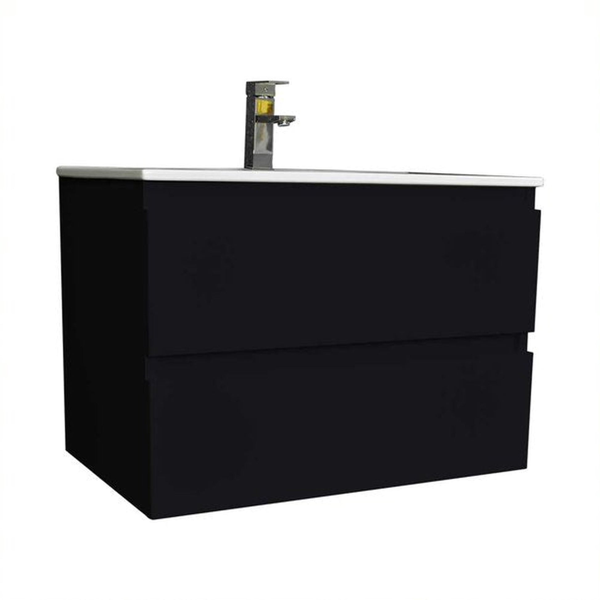 Volpa USA Salt 30" x 18" Black Wall-Mounted Floating Bathroom Vanity With Drawers, Integrated Porcelain Ceramic Top and Integrated Ceramic Sink