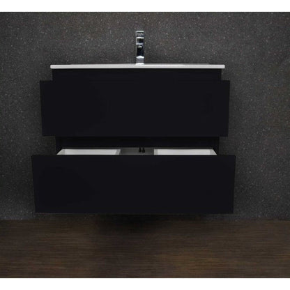 Volpa USA Salt 30" x 18" Black Wall-Mounted Floating Bathroom Vanity With Drawers, Integrated Porcelain Ceramic Top and Integrated Ceramic Sink