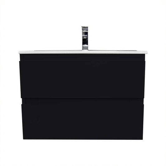 Volpa USA Salt 30" x 18" Black Wall-Mounted Floating Bathroom Vanity With Drawers, Integrated Porcelain Ceramic Top and Integrated Ceramic Sink