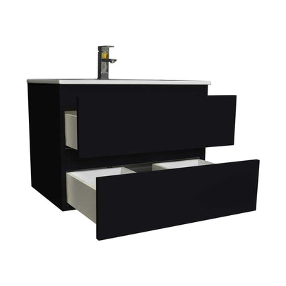 Volpa USA Salt 30" x 18" Glossy Black Wall-Mounted Floating Bathroom Vanity With Drawers, Integrated Porcelain Ceramic Top and Integrated Ceramic Sink