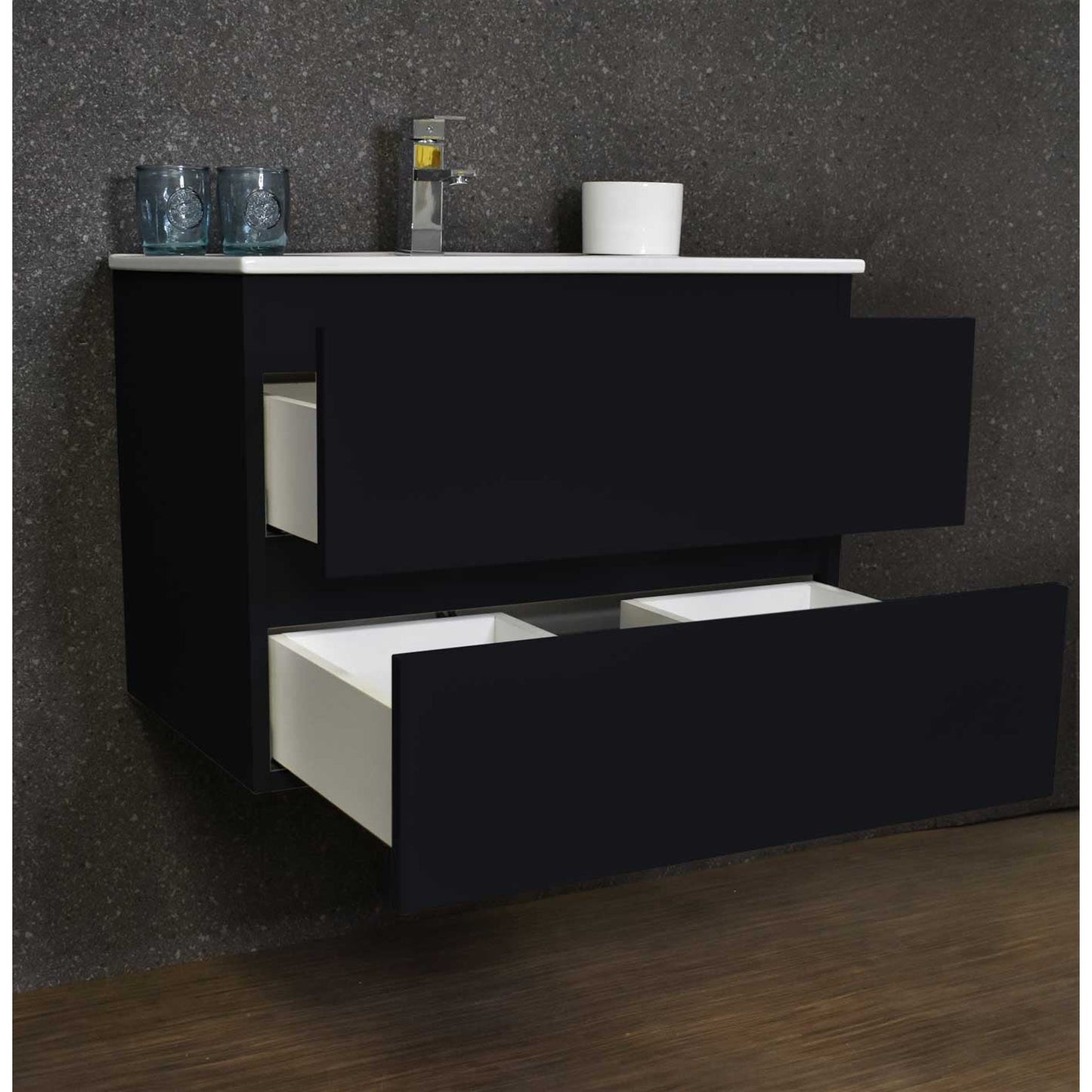 Volpa USA Salt 30" x 18" Glossy Black Wall-Mounted Floating Bathroom Vanity With Drawers, Integrated Porcelain Ceramic Top and Integrated Ceramic Sink