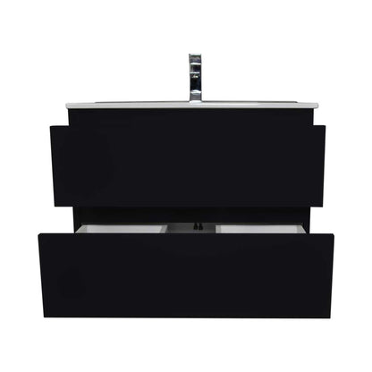 Volpa USA Salt 30" x 18" Glossy Black Wall-Mounted Floating Bathroom Vanity With Drawers, Integrated Porcelain Ceramic Top and Integrated Ceramic Sink