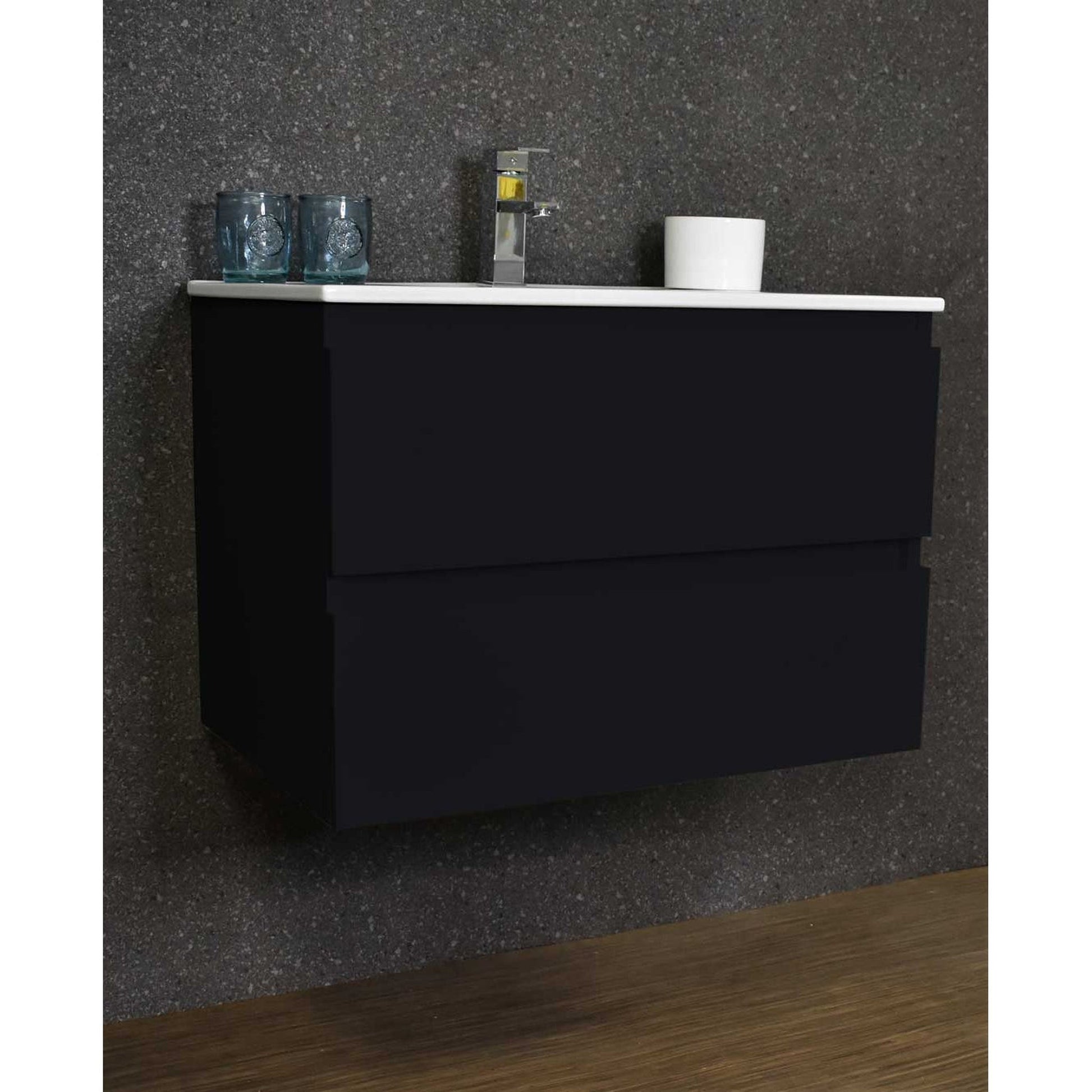 Volpa USA Salt 30" x 18" Glossy Black Wall-Mounted Floating Bathroom Vanity With Drawers, Integrated Porcelain Ceramic Top and Integrated Ceramic Sink