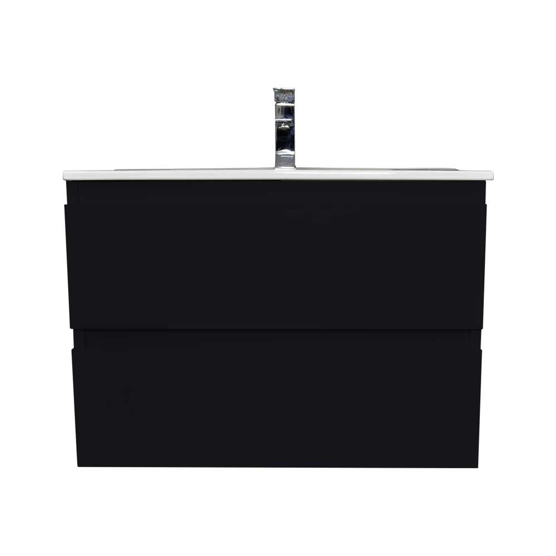 Volpa USA Salt 30" x 18" Glossy Black Wall-Mounted Floating Bathroom Vanity With Drawers, Integrated Porcelain Ceramic Top and Integrated Ceramic Sink