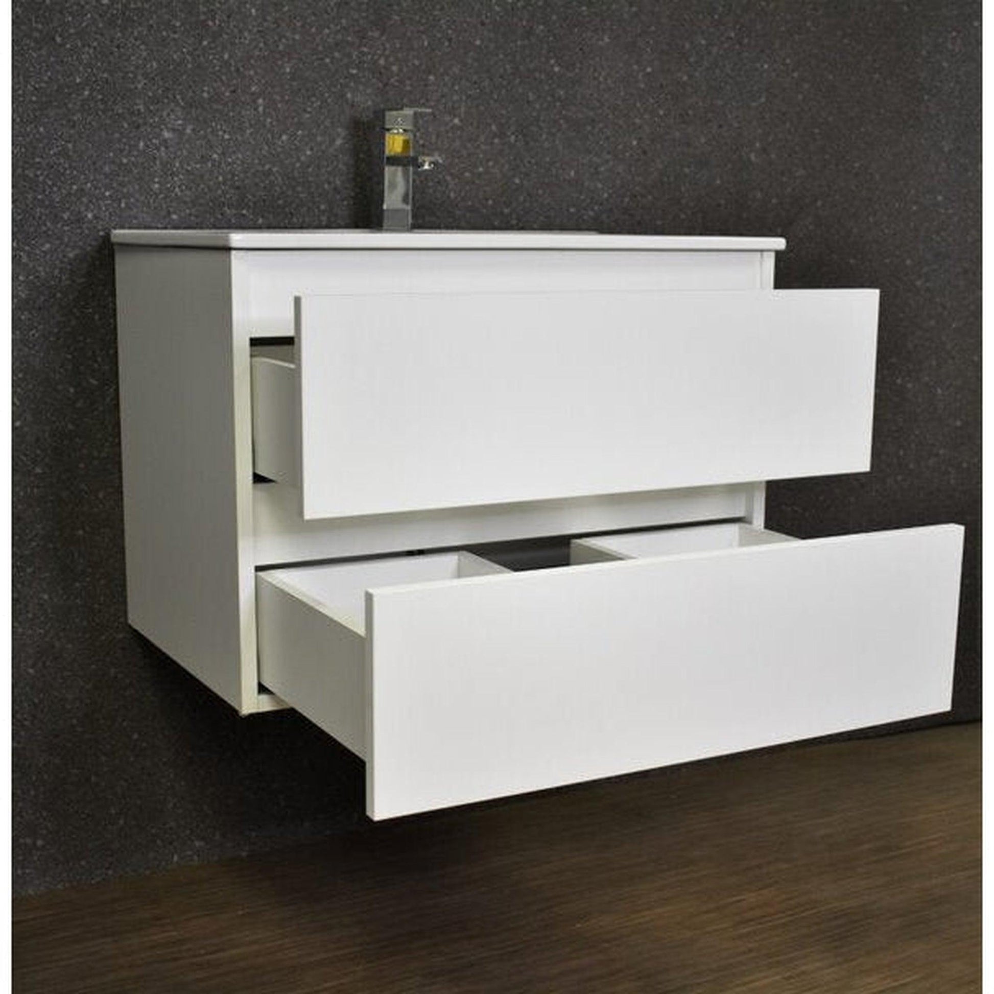 Volpa USA Salt 30" x 18" Glossy White Wall-Mounted Floating Bathroom Vanity With Drawers, Integrated Porcelain Ceramic Top and Integrated Ceramic Sink
