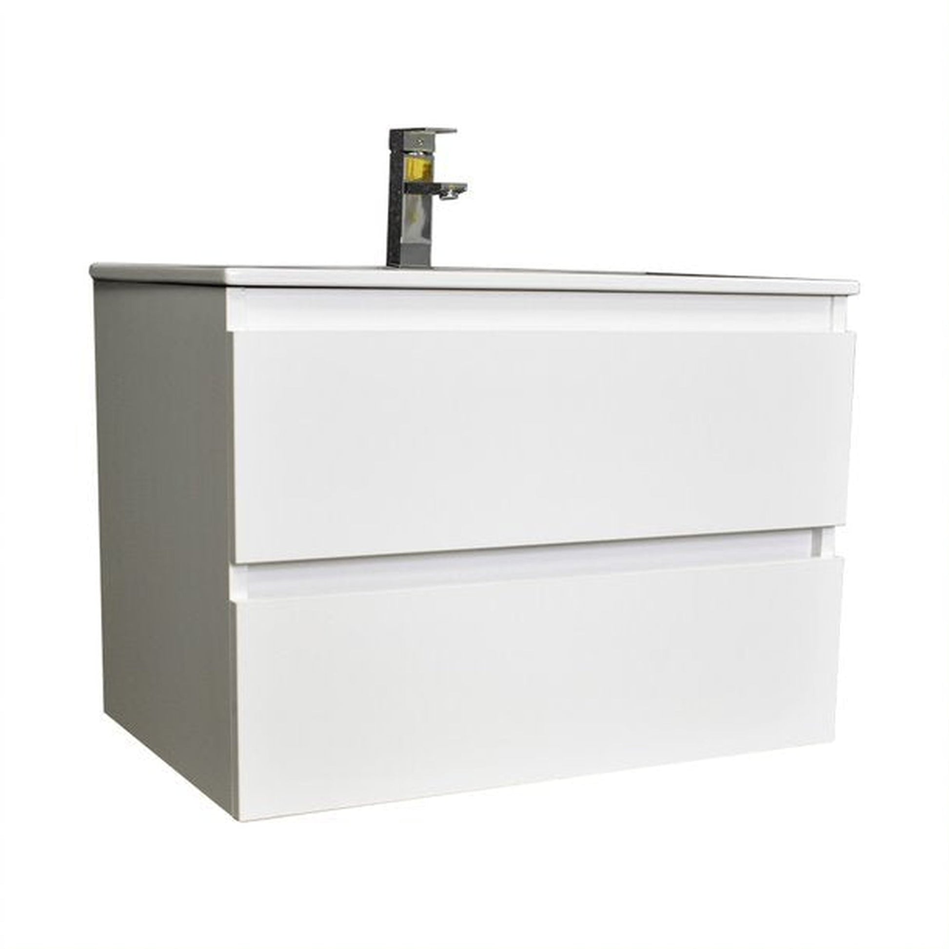 Volpa USA Salt 30" x 18" Glossy White Wall-Mounted Floating Bathroom Vanity With Drawers, Integrated Porcelain Ceramic Top and Integrated Ceramic Sink