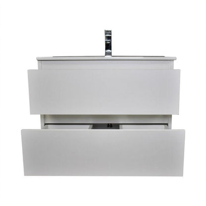 Volpa USA Salt 30" x 18" Glossy White Wall-Mounted Floating Bathroom Vanity With Drawers, Integrated Porcelain Ceramic Top and Integrated Ceramic Sink