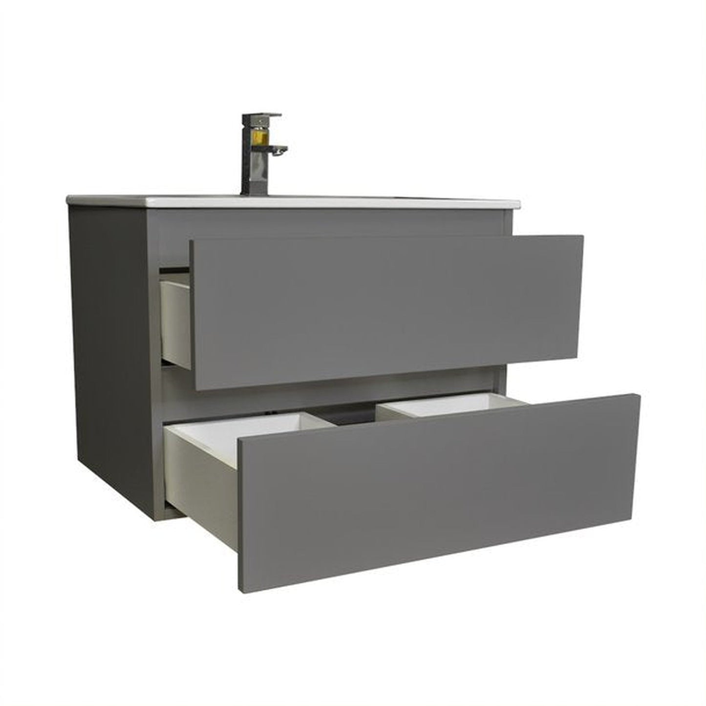 Volpa USA Salt 30" x 18" Gray Wall-Mounted Floating Bathroom Vanity With Drawers, Integrated Porcelain Ceramic Top and Integrated Ceramic Sink