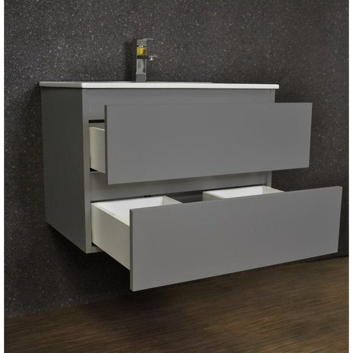 Volpa USA Salt 30" x 18" Gray Wall-Mounted Floating Bathroom Vanity With Drawers, Integrated Porcelain Ceramic Top and Integrated Ceramic Sink