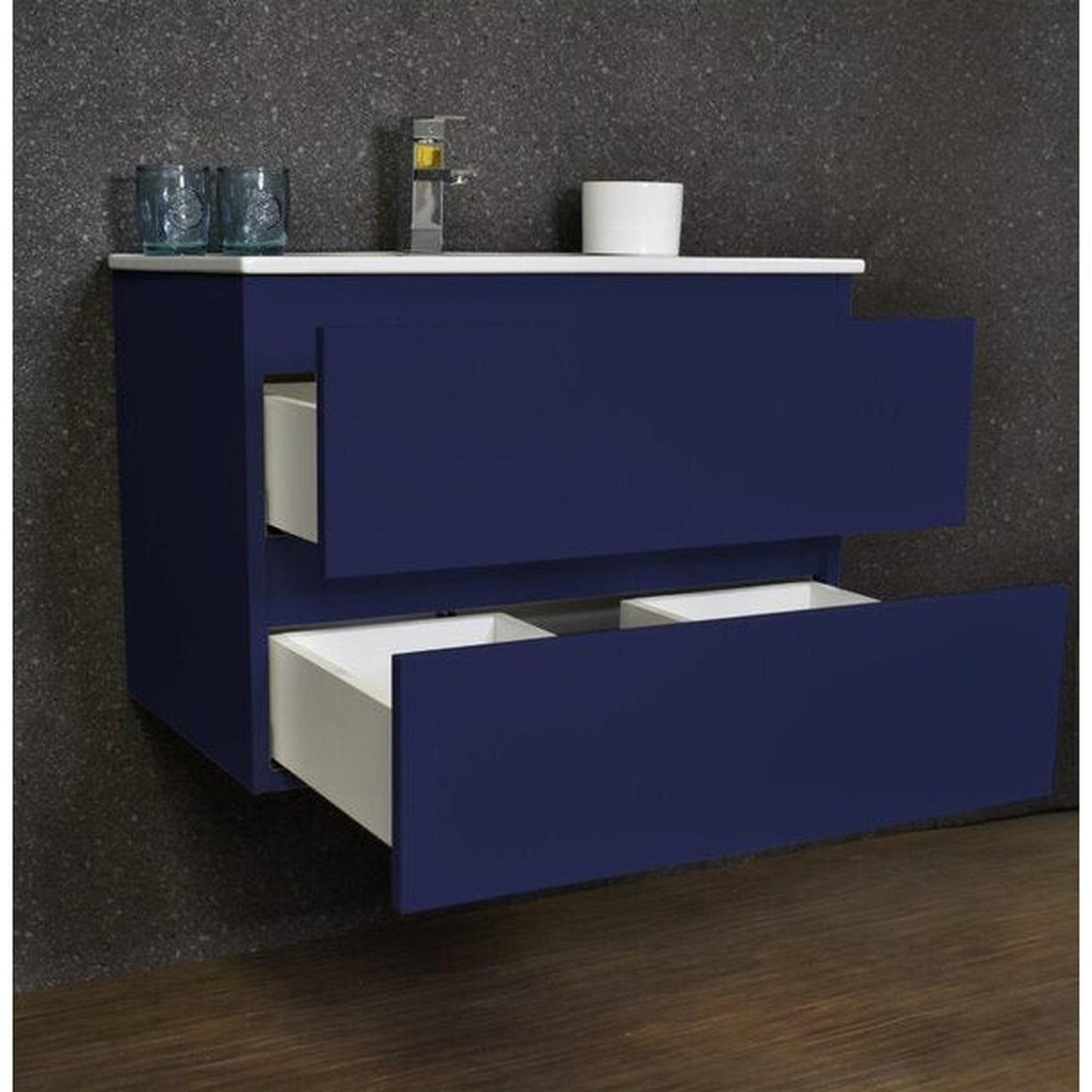 Volpa USA Salt 30" x 18" Navy Wall-Mounted Floating Bathroom Vanity With Drawers, Integrated Porcelain Ceramic Top and Integrated Ceramic Sink