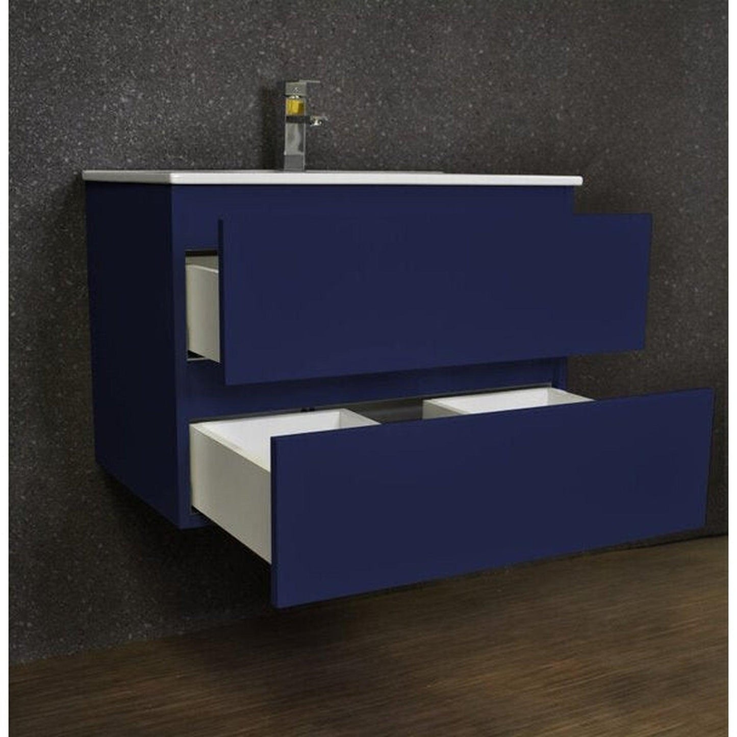 Volpa USA Salt 30" x 18" Navy Wall-Mounted Floating Bathroom Vanity With Drawers, Integrated Porcelain Ceramic Top and Integrated Ceramic Sink