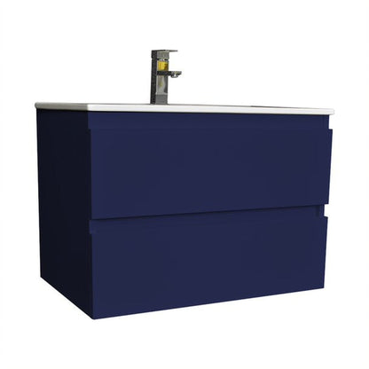 Volpa USA Salt 30" x 18" Navy Wall-Mounted Floating Bathroom Vanity With Drawers, Integrated Porcelain Ceramic Top and Integrated Ceramic Sink