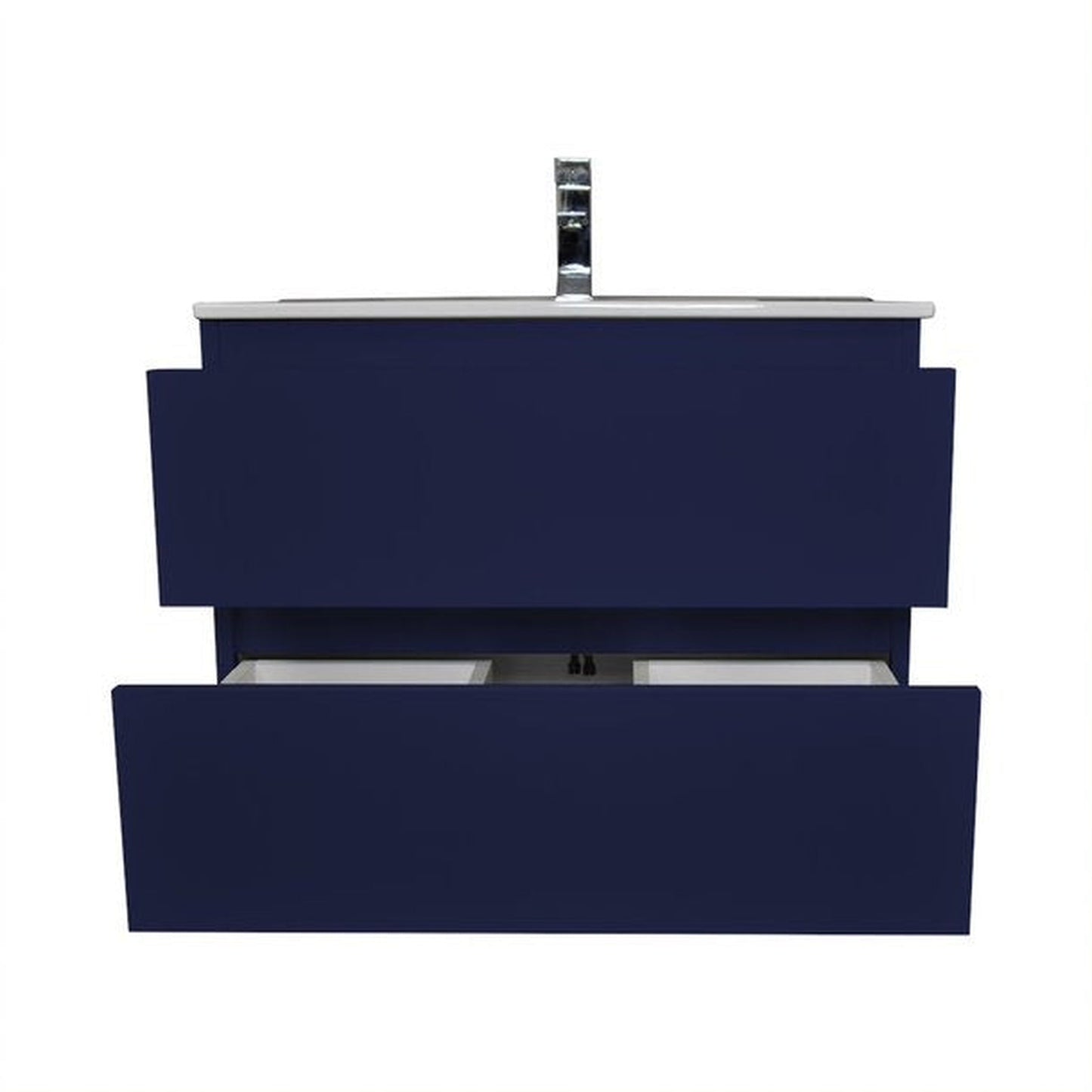 Volpa USA Salt 30" x 18" Navy Wall-Mounted Floating Bathroom Vanity With Drawers, Integrated Porcelain Ceramic Top and Integrated Ceramic Sink