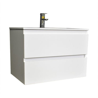 Volpa USA Salt 30" x 18" White Wall-Mounted Floating Bathroom Vanity With Drawers, Integrated Porcelain Ceramic Top and Integrated Ceramic Sink
