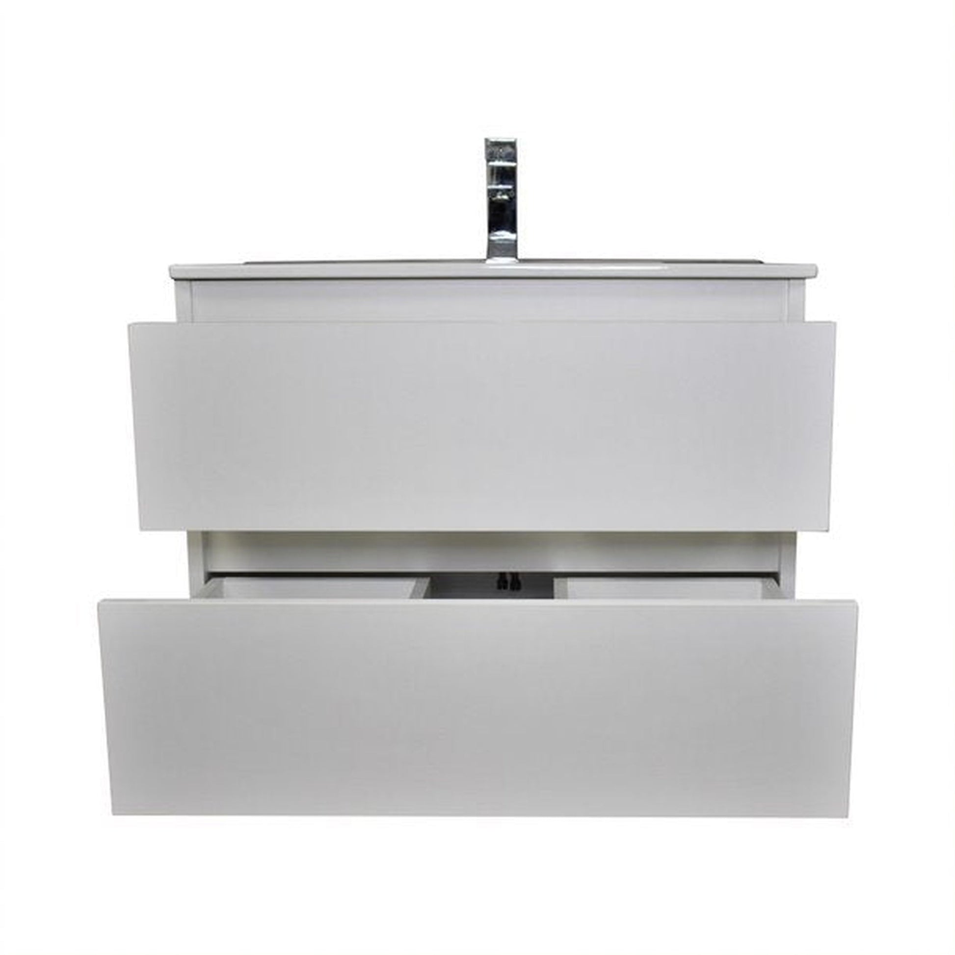 Volpa USA Salt 30" x 18" White Wall-Mounted Floating Bathroom Vanity With Drawers, Integrated Porcelain Ceramic Top and Integrated Ceramic Sink