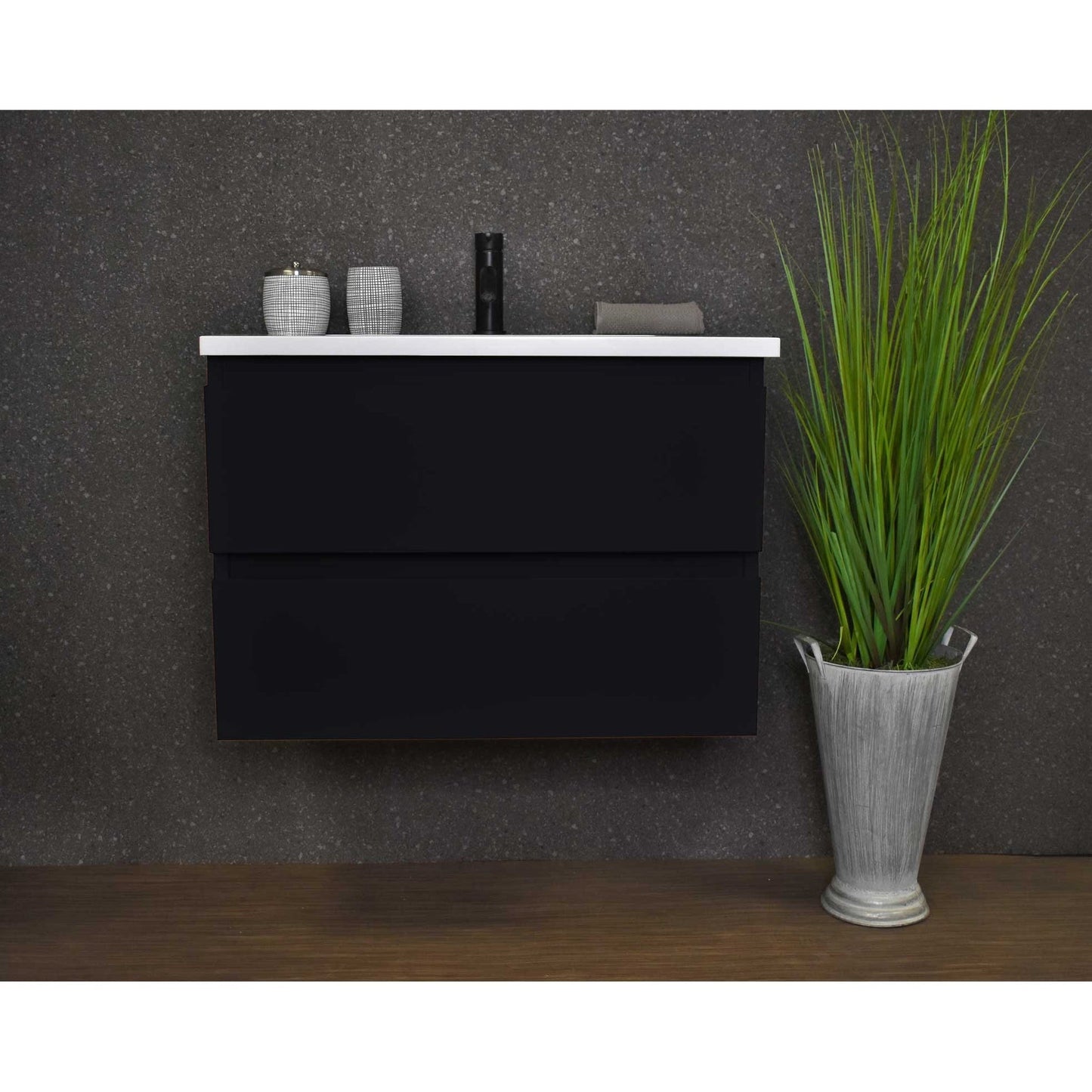 Volpa USA Salt 30" x 20" Glossy Black Wall-Mounted Floating Bathroom Vanity With Drawers, Acrylic Top and Integrated Acrylic Sink