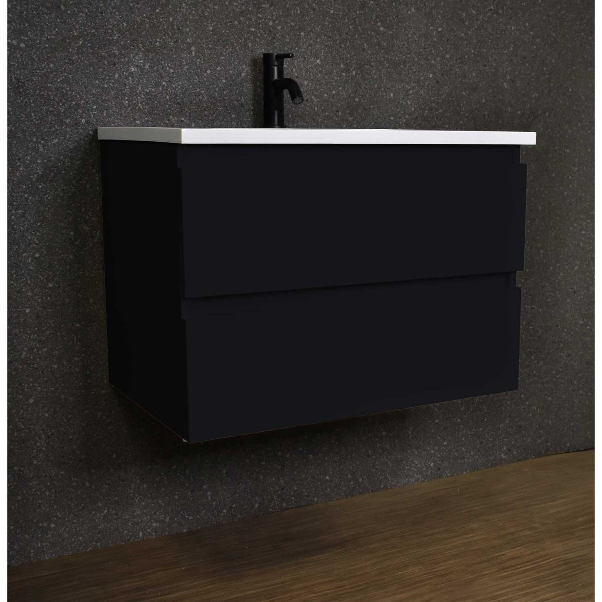 Volpa USA Salt 30" x 20" Glossy Black Wall-Mounted Floating Bathroom Vanity With Drawers, Acrylic Top and Integrated Acrylic Sink