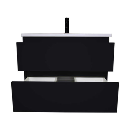 Volpa USA Salt 30" x 20" Glossy Black Wall-Mounted Floating Bathroom Vanity With Drawers, Acrylic Top and Integrated Acrylic Sink