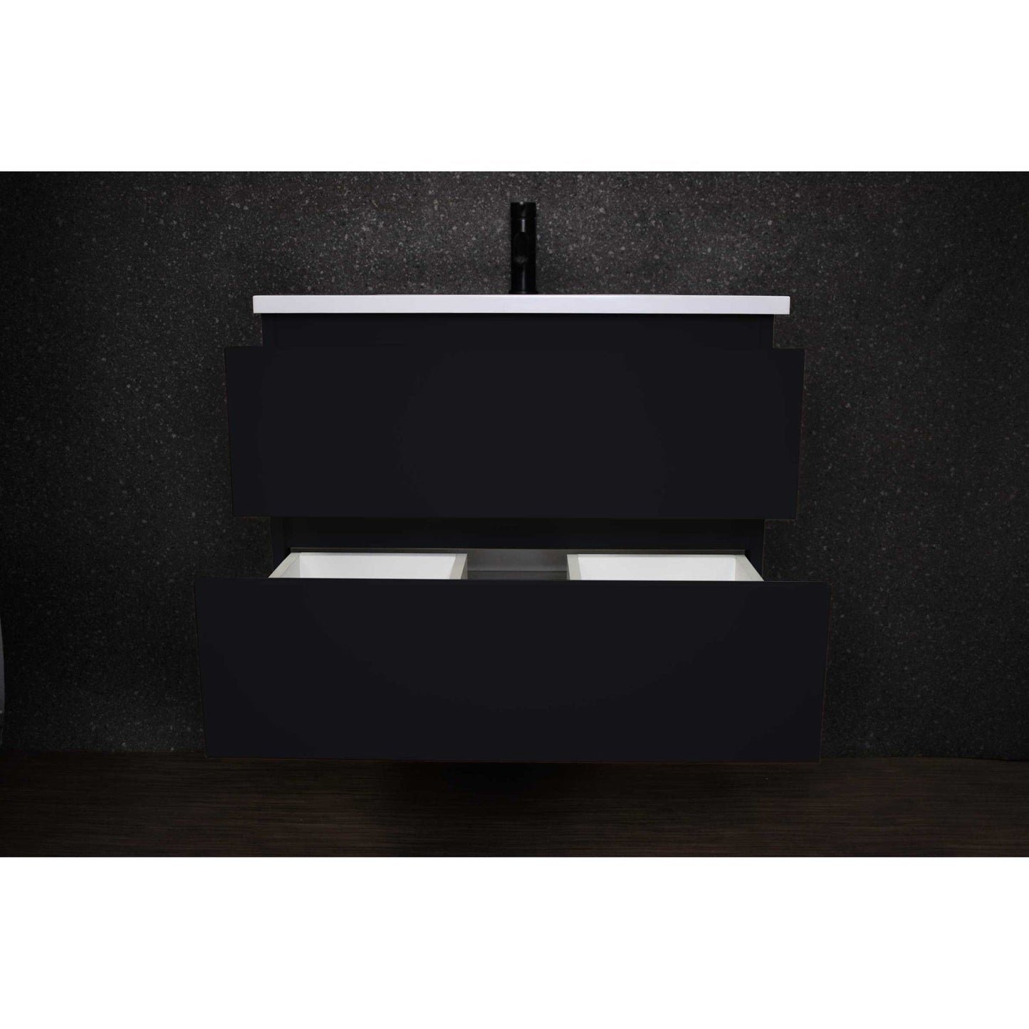 Volpa USA Salt 30" x 20" Glossy Black Wall-Mounted Floating Bathroom Vanity With Drawers, Acrylic Top and Integrated Acrylic Sink