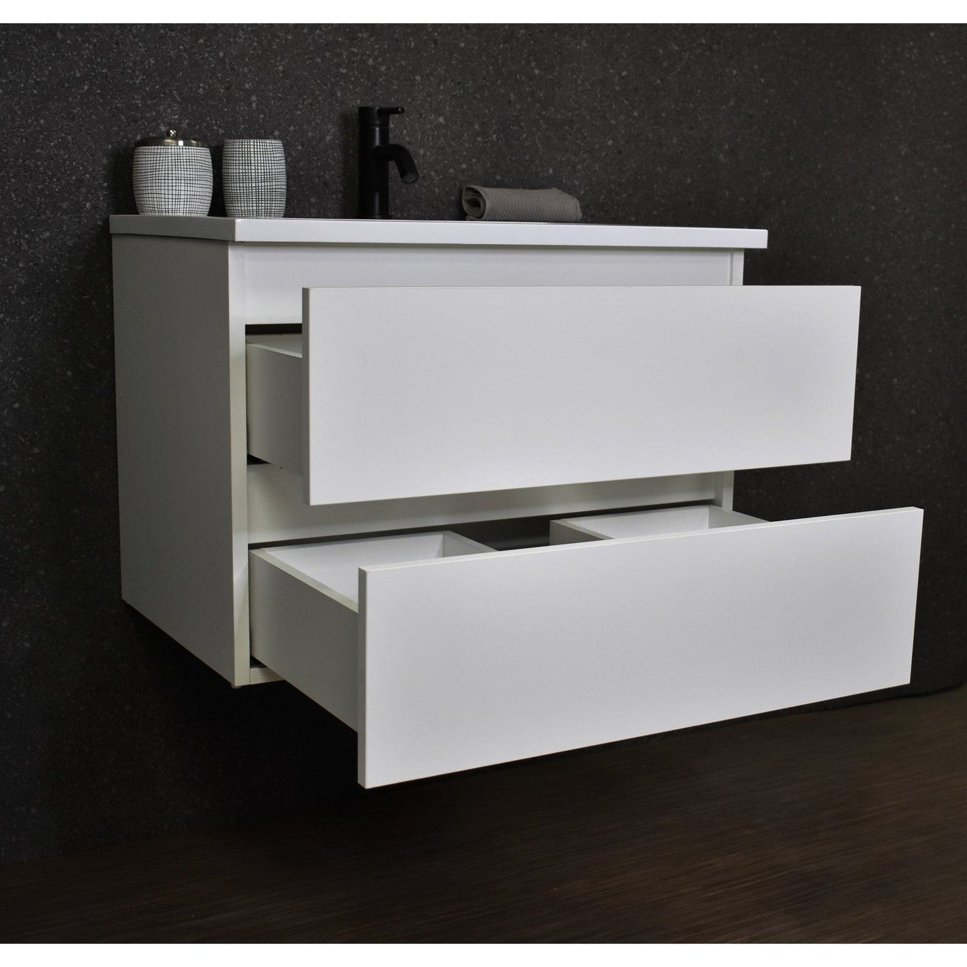 Volpa USA Salt 30" x 20" Glossy White Wall-Mounted Floating Bathroom Vanity With Drawers, Acrylic Top and Integrated Acrylic Sink