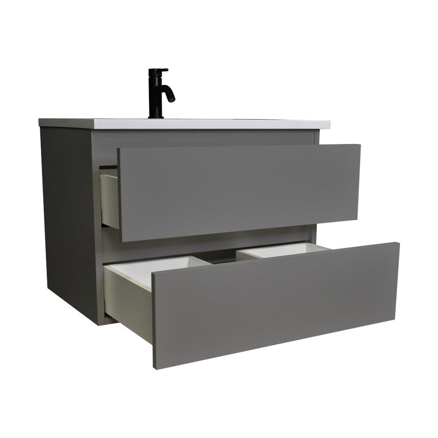 Volpa USA Salt 30" x 20" Gray Wall-Mounted Floating Bathroom Vanity With Drawers, Acrylic Top and Integrated Acrylic Sink